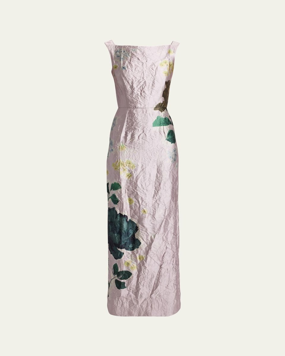 Floral Crinkle-Effect Boatneck Gown